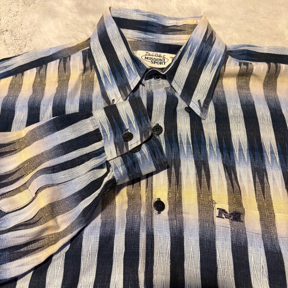 Vtg Missoni Sport Men Shirt L Linen  Ikat Geometric Button Down  Italy Euro